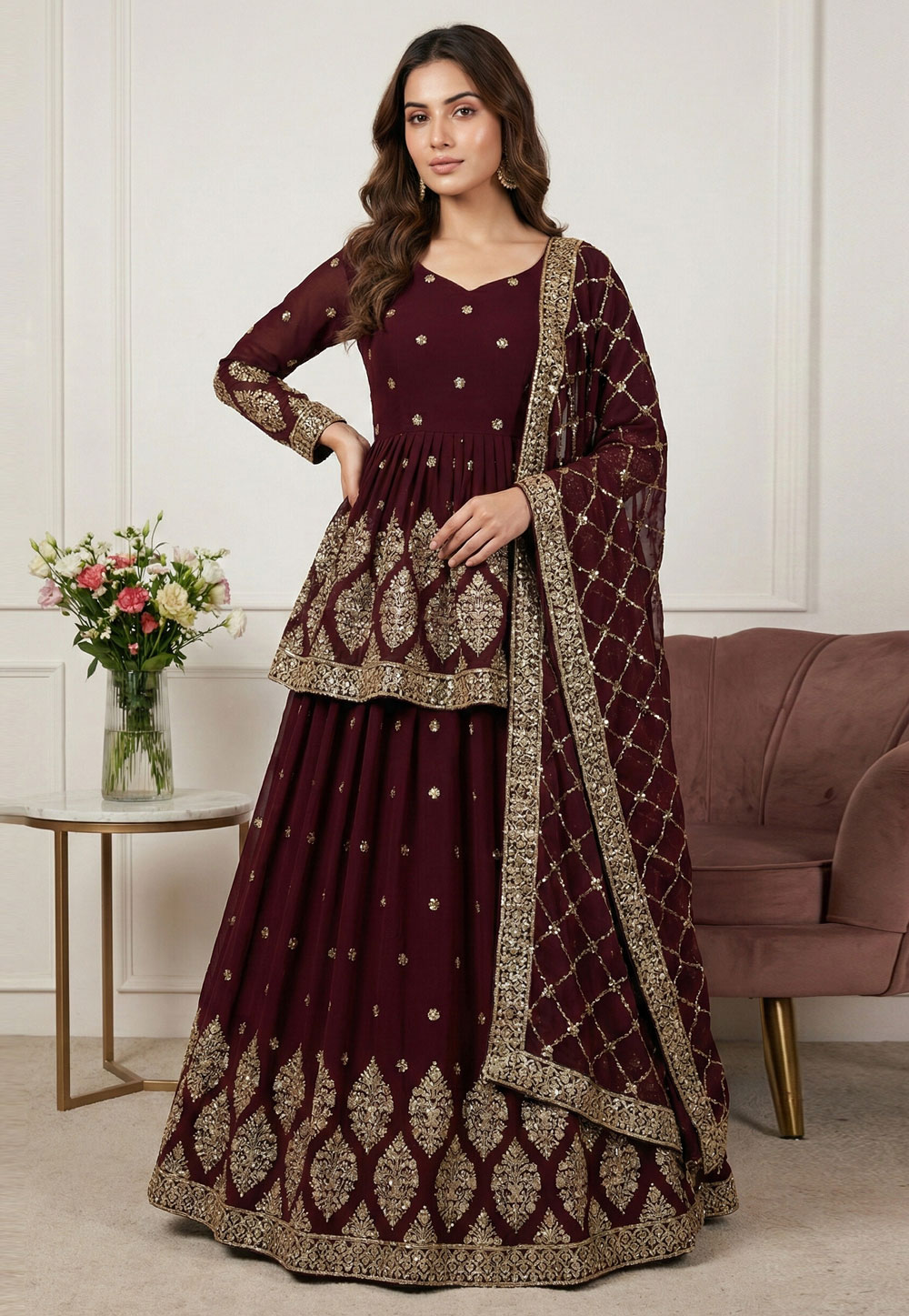 Maroon Faux Georgette Long Choli Lehenga 324152
