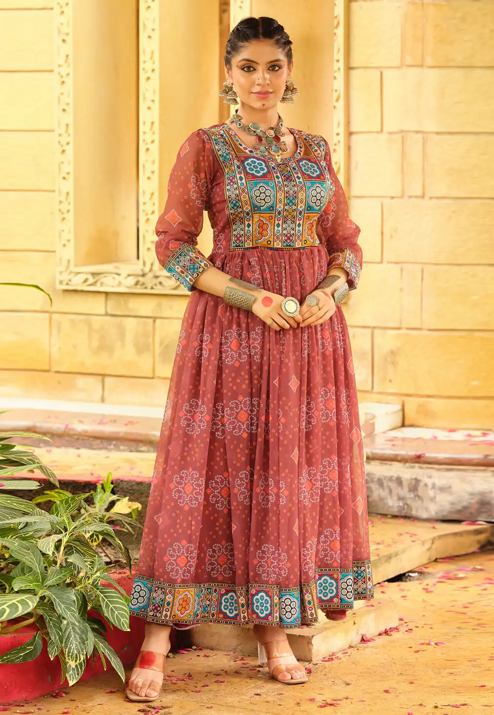 Maroon Faux Georgette Printed Gown 314217