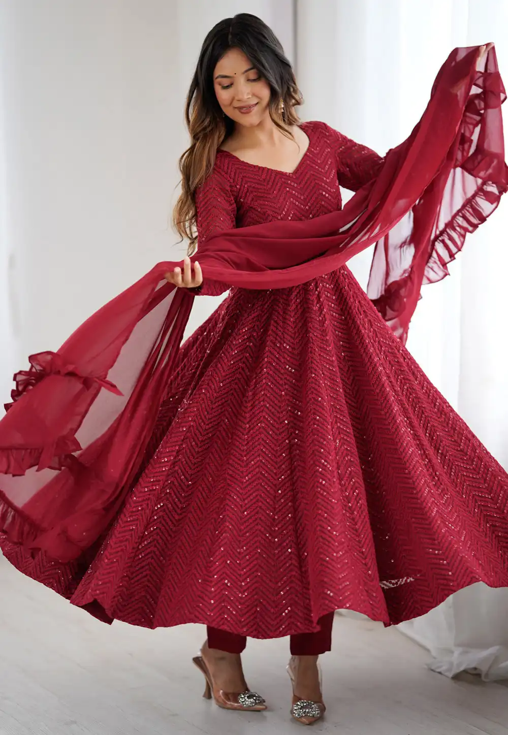 Maroon Faux Georgette Readymade Anarkali Suit 317457