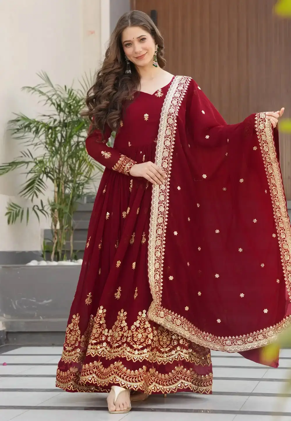 Maroon Faux Georgette Readymade Anarkali Suit 319269