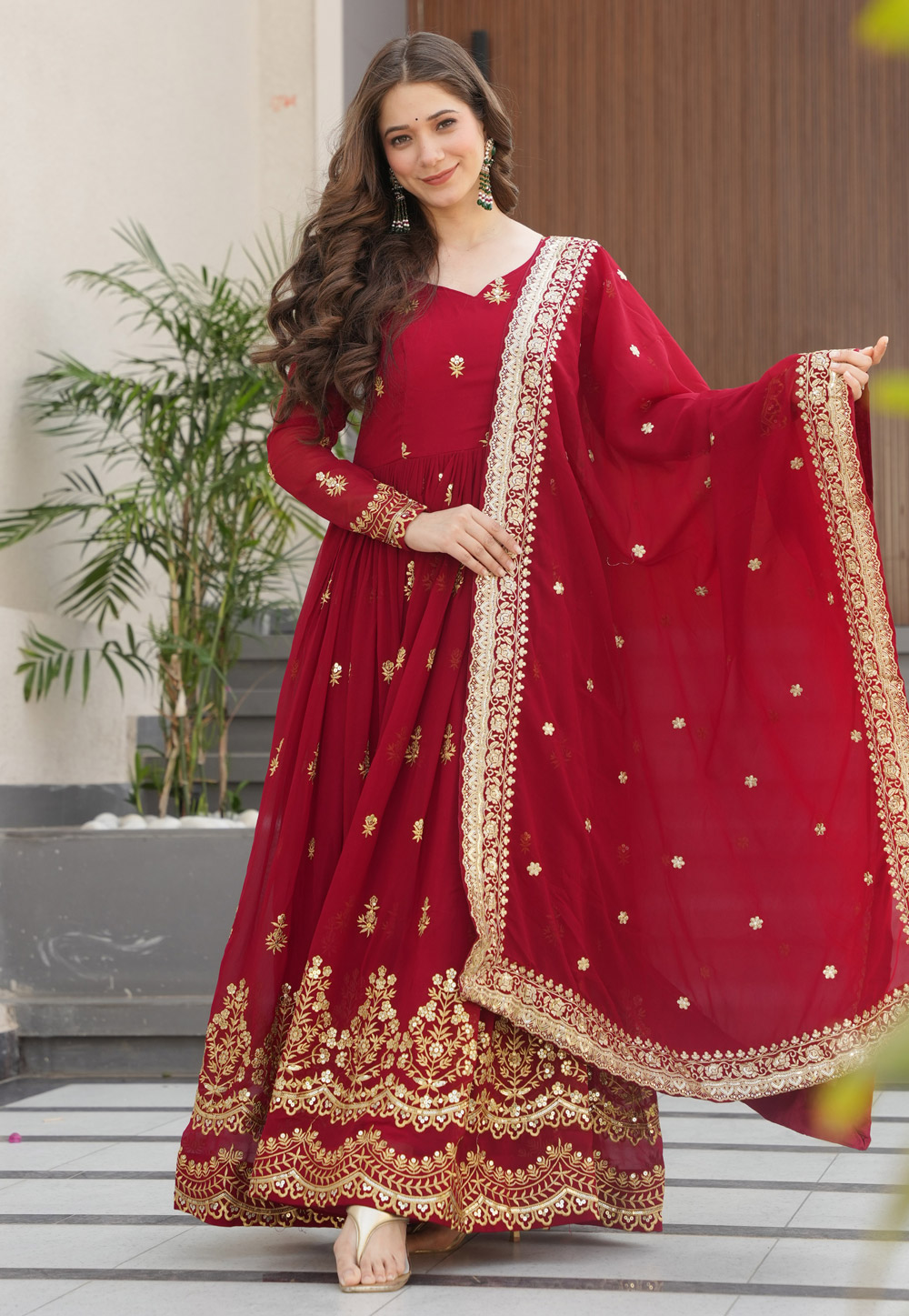Maroon Faux Georgette Readymade Anarkali Suit 319269