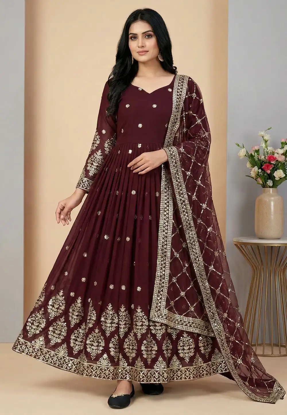 Maroon Faux Georgette Readymade Anarkali Suit 324000