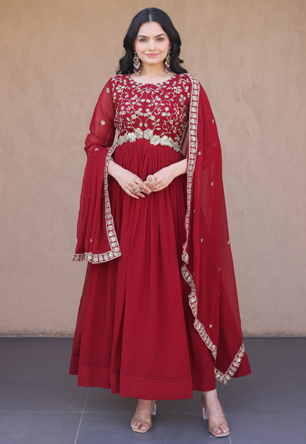 Maroon Faux Georgette Readymade Anarkali Suit 330217