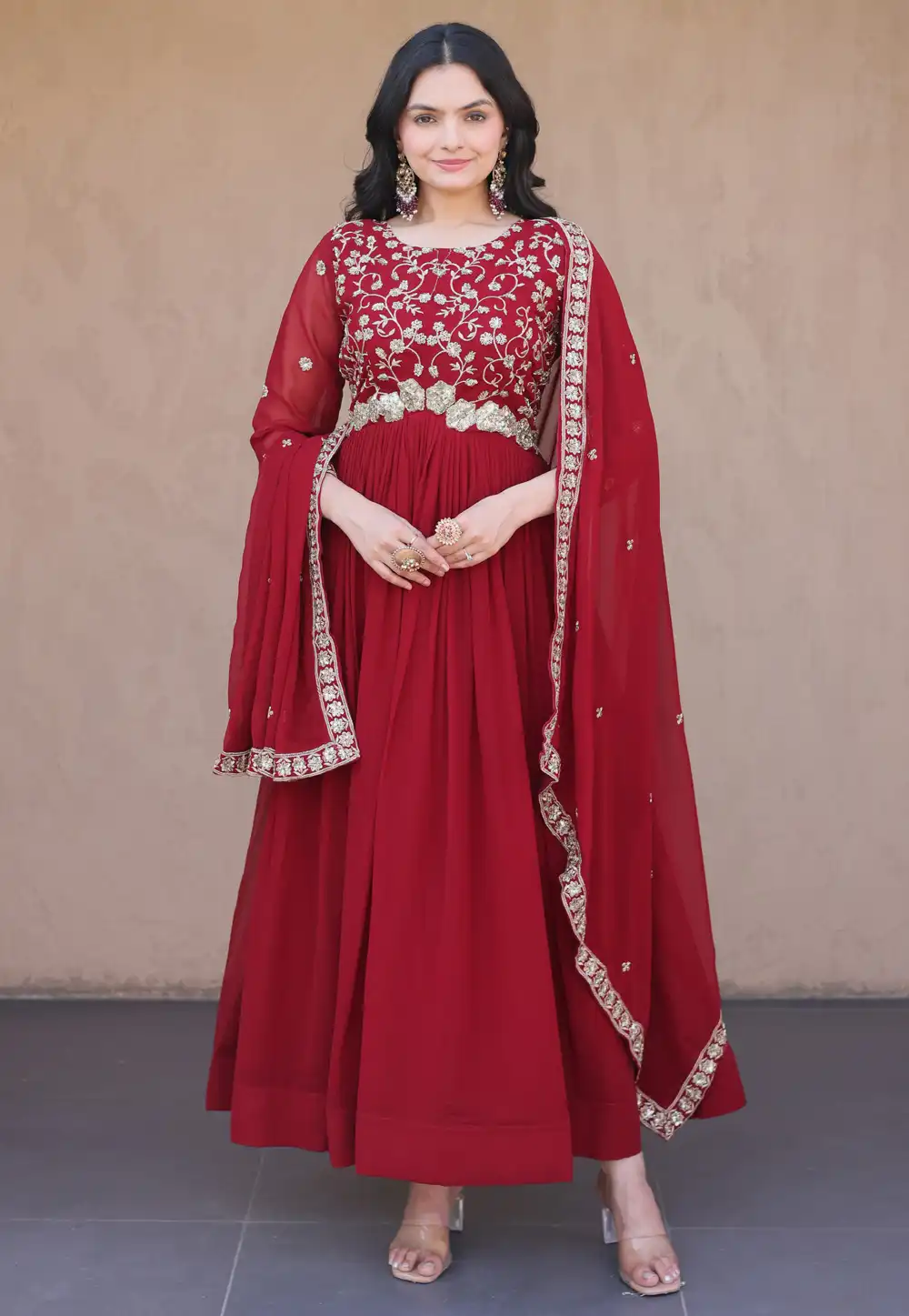 Maroon Faux Georgette Readymade Anarkali Suit 330217