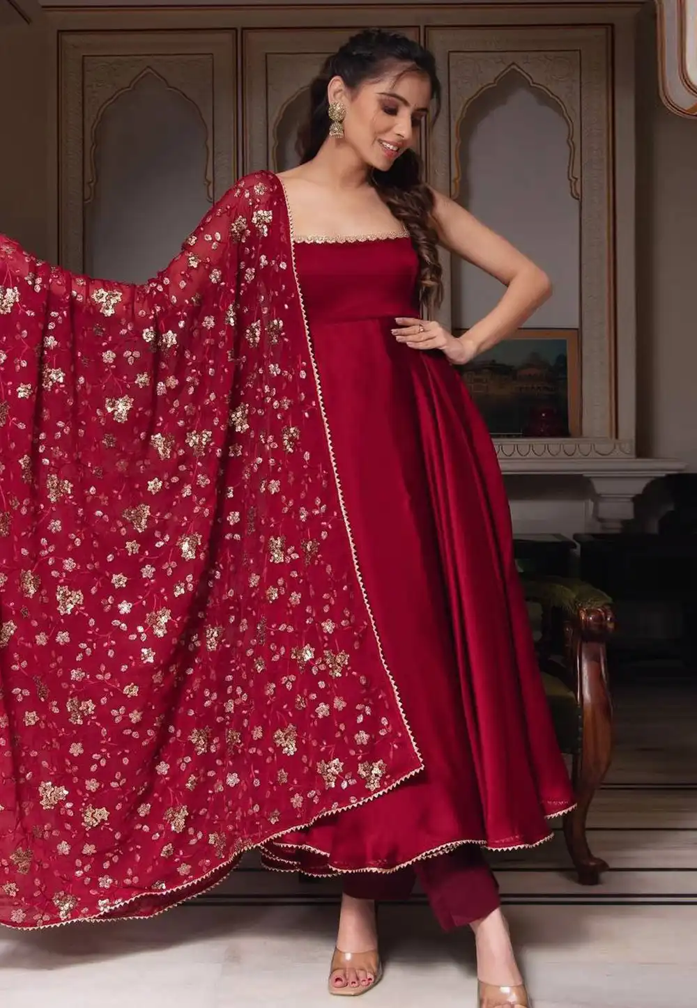 Maroon Faux Georgette Readymade Anarkali Suit 314686