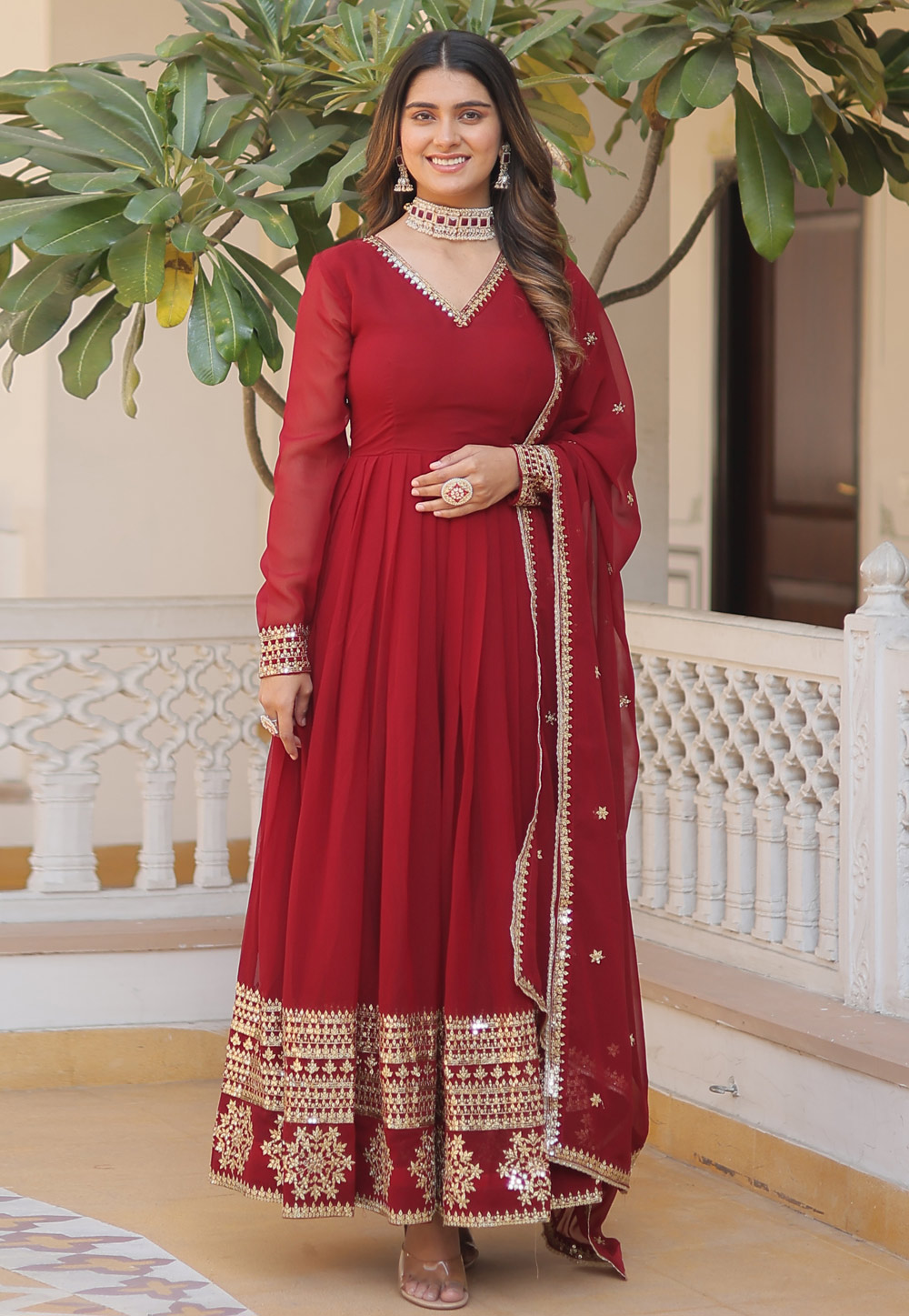 Maroon Faux Georgette Readymade Anarkali Suit 282493