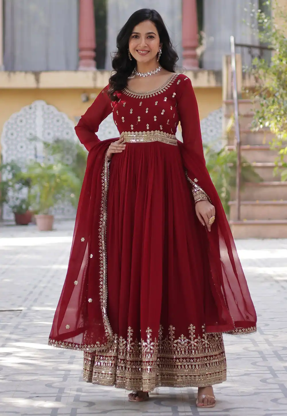 Maroon Faux Georgette Readymade Anarkali Suit 305885