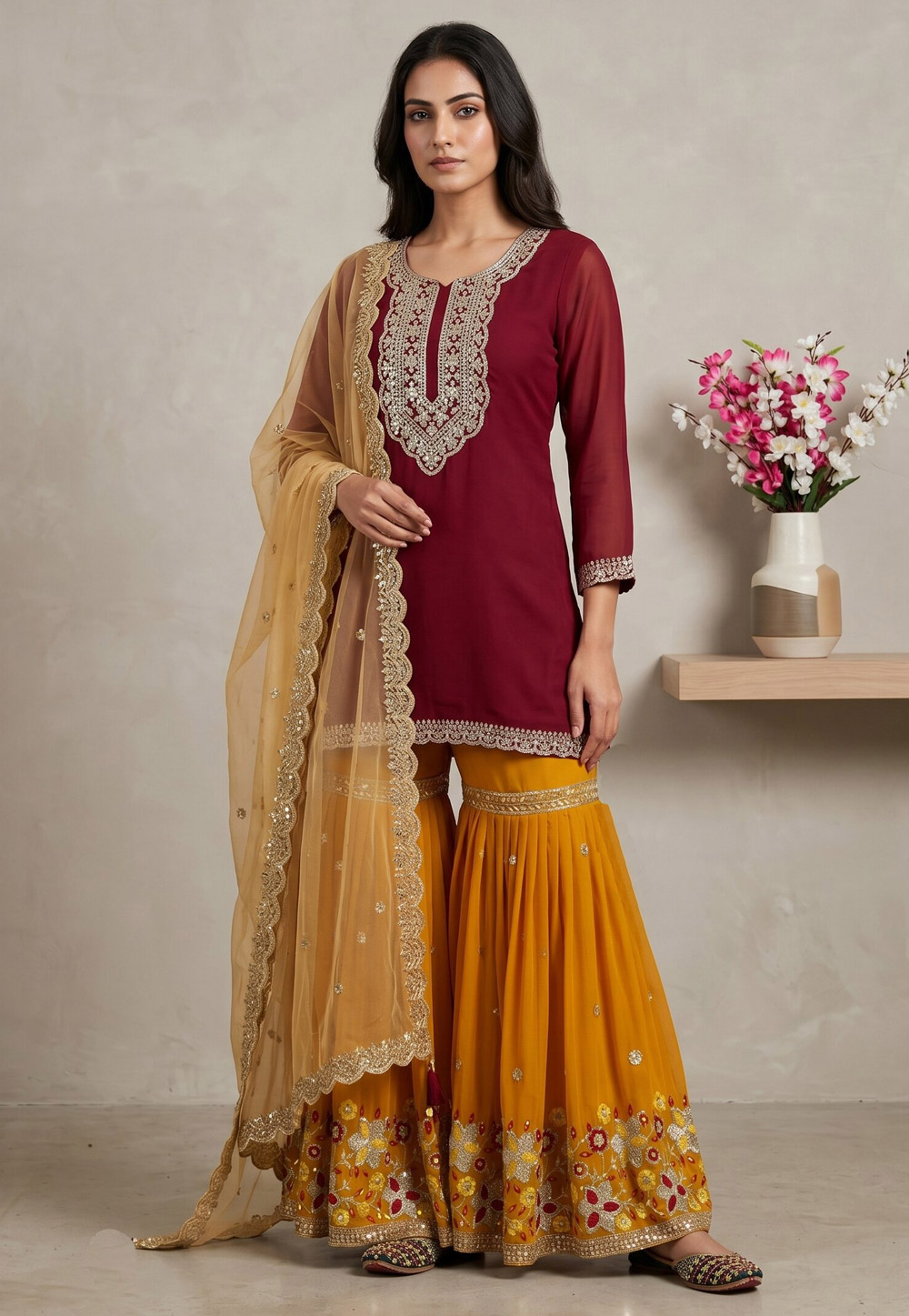Maroon Faux Georgette Readymade Gharara Suit 330351