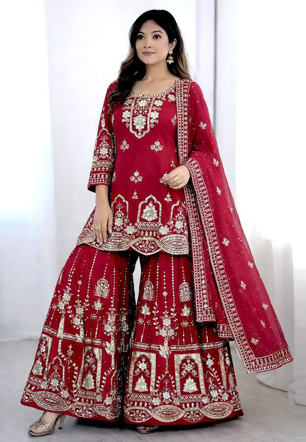 Maroon Faux Georgette Readymade Gharara Suit 324184