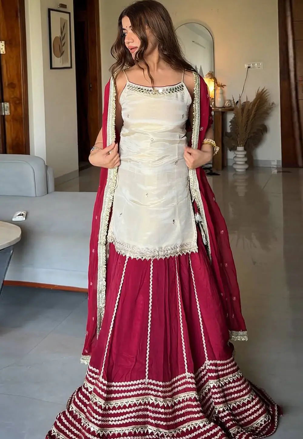 Maroon Faux Georgette Readymade Indo Western Lehenga 332132