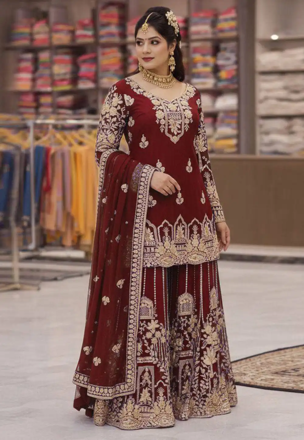 Maroon Faux Georgette Readymade Pakistani Suit 329733