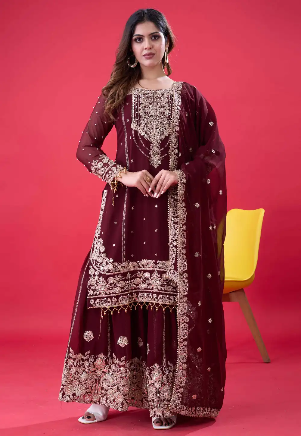 Maroon Faux Georgette Readymade Pakistani Suit 317787