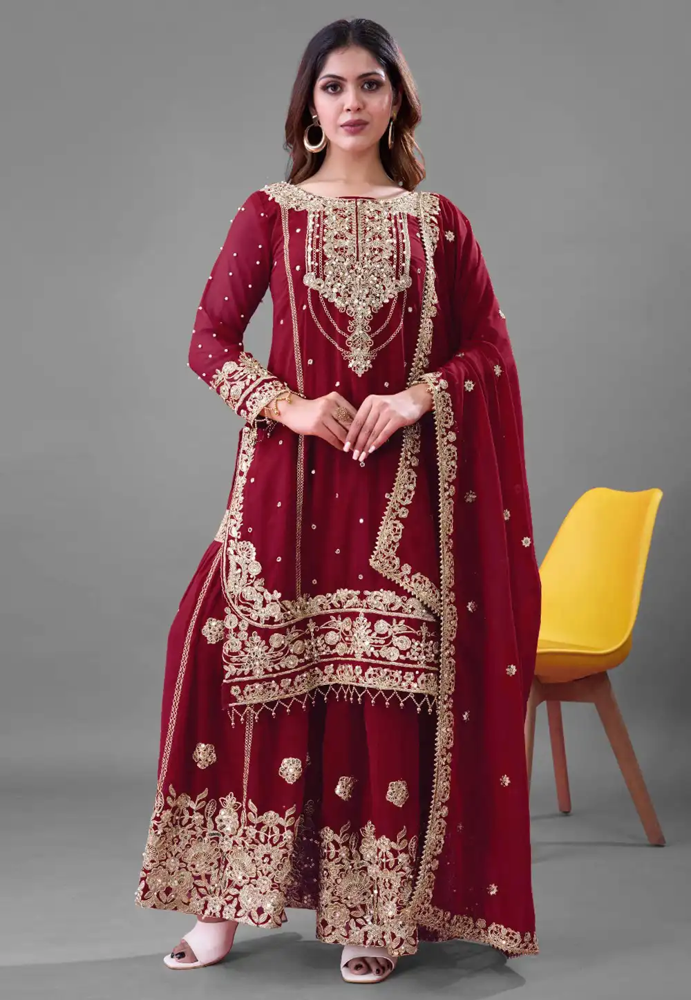 Maroon Faux Georgette Readymade Pakistani Suit 317789