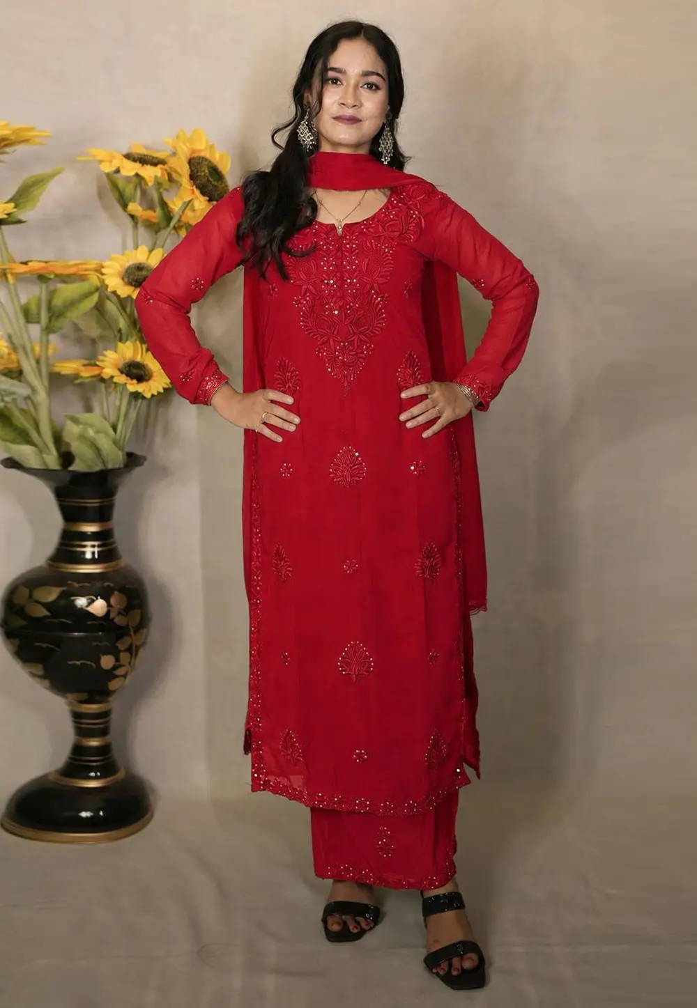 Maroon Faux Georgette Readymade Pakistani Suit 331526