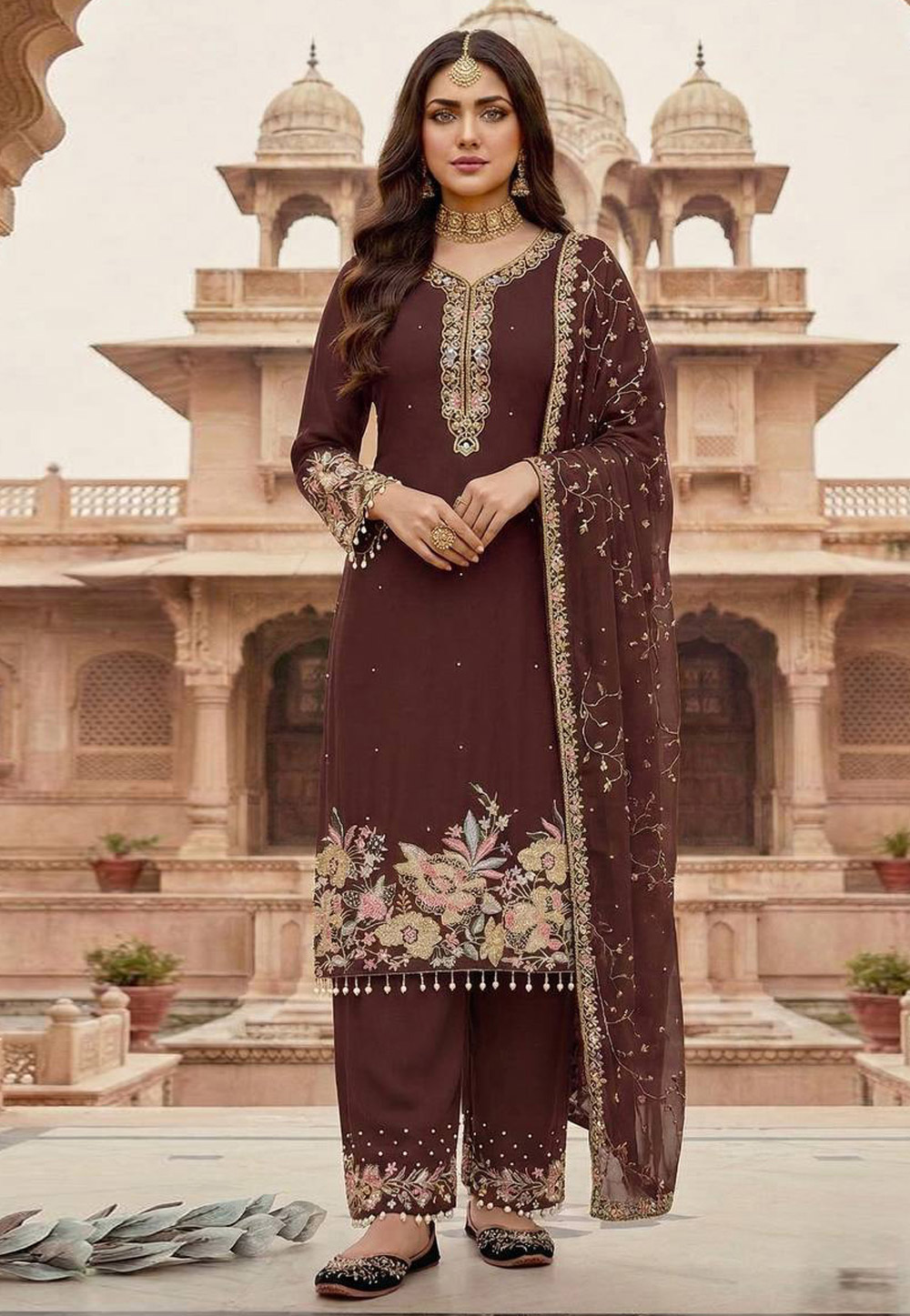 Maroon Faux Georgette Readymade Palazzo Suit 326951