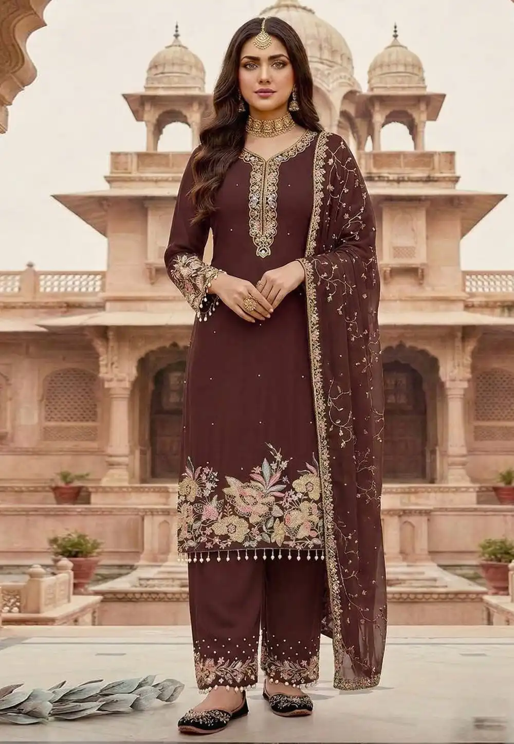 Maroon Faux Georgette Readymade Palazzo Suit 326951