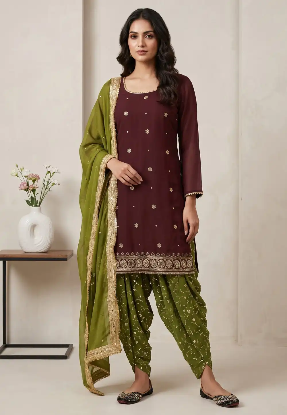 Maroon Faux Georgette Readymade Punjabi Suit 330680
