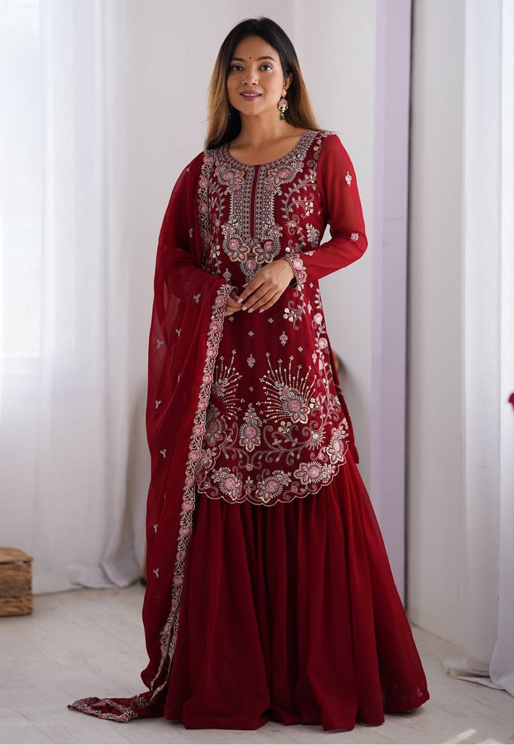 Maroon Faux Georgette Readymade Sharara Suit 310764