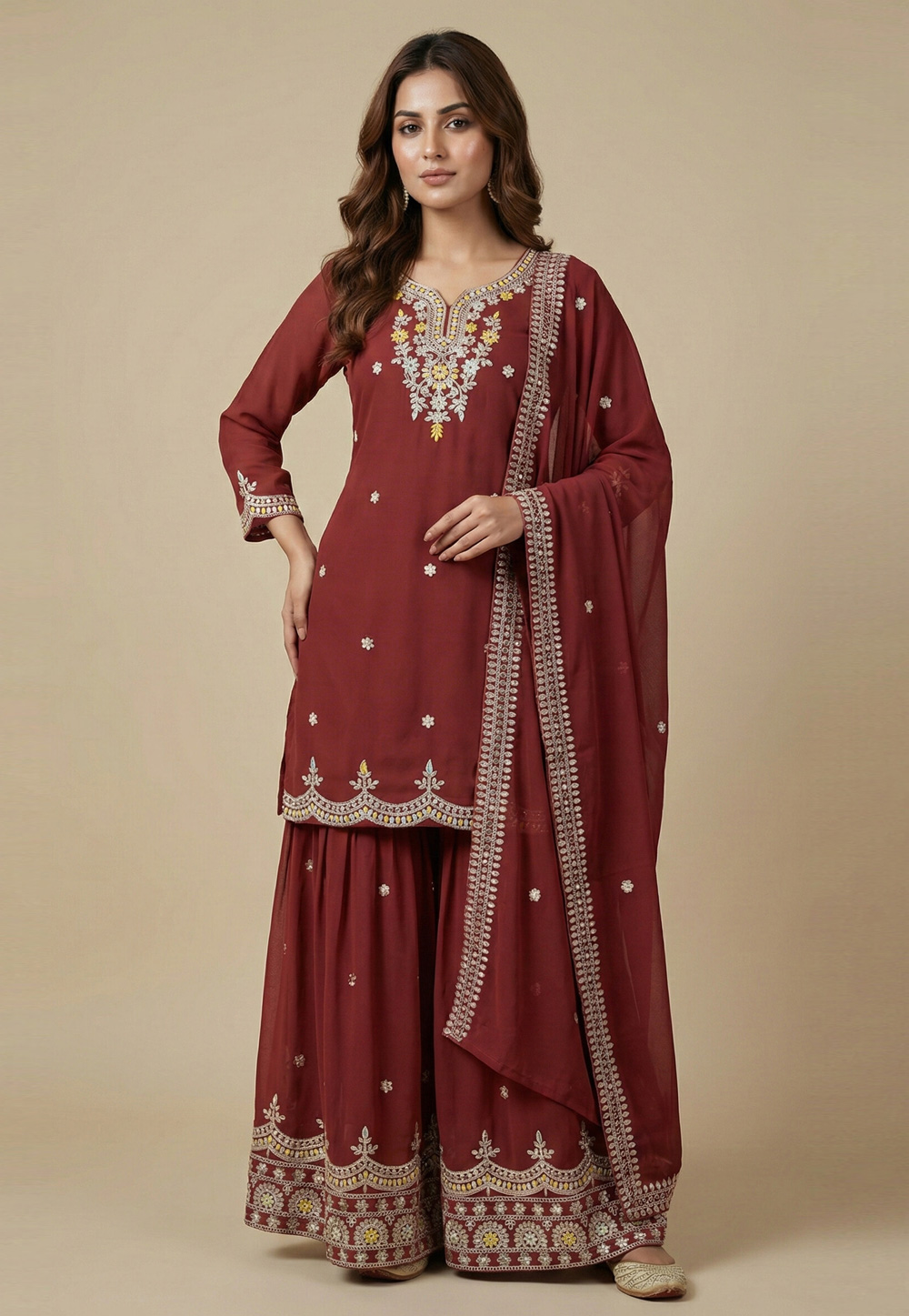 Maroon Faux Georgette Readymade Sharara Suit 323839