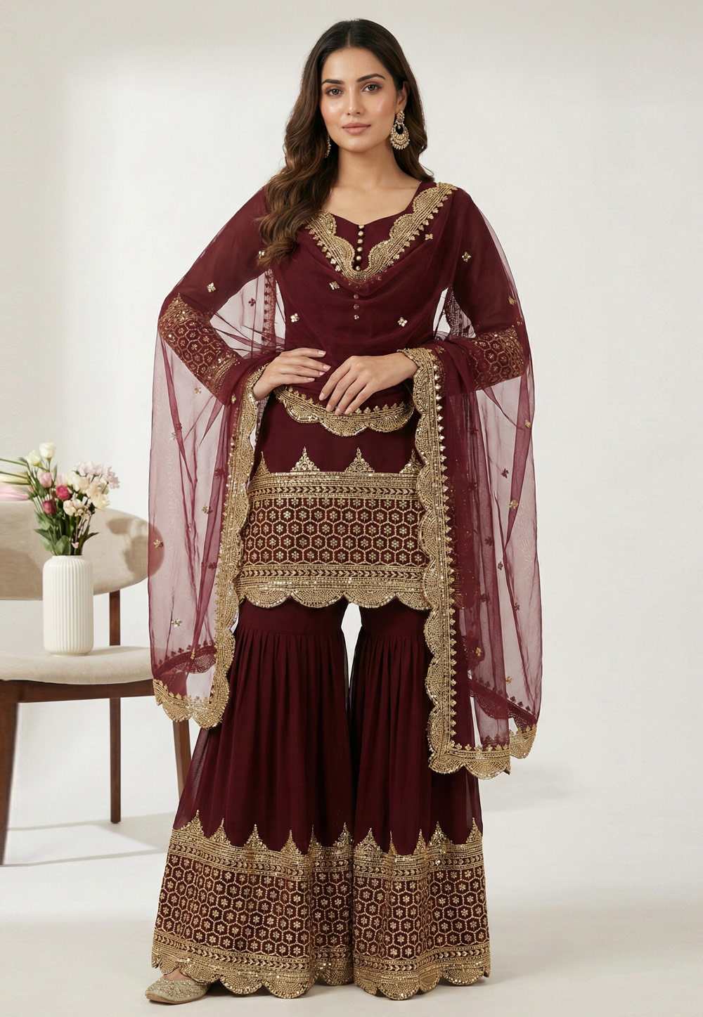Maroon Faux Georgette Readymade Sharara Suit 323984