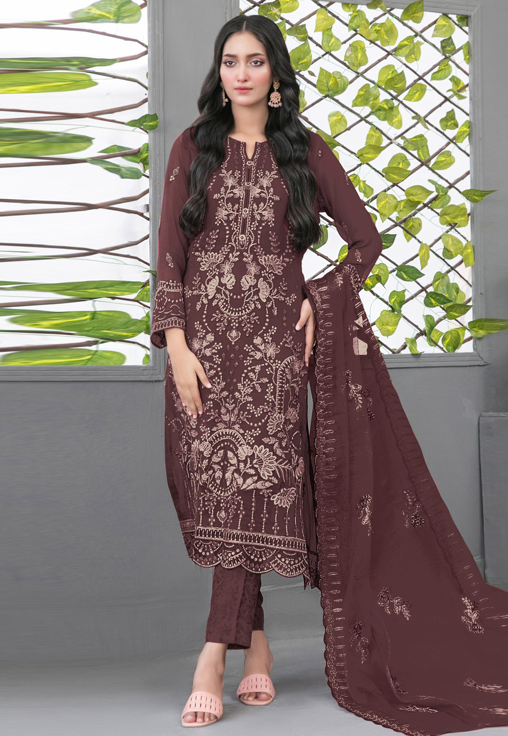 Maroon Faux Georgette Straight Suit 320946