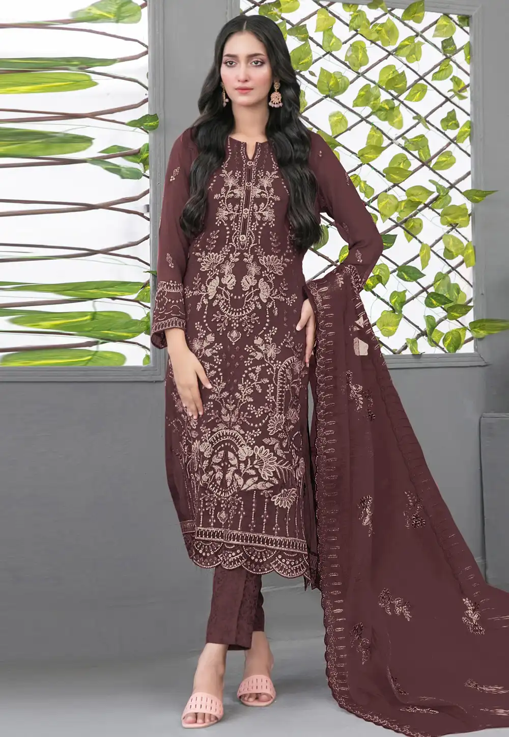 Maroon Faux Georgette Straight Suit 320946