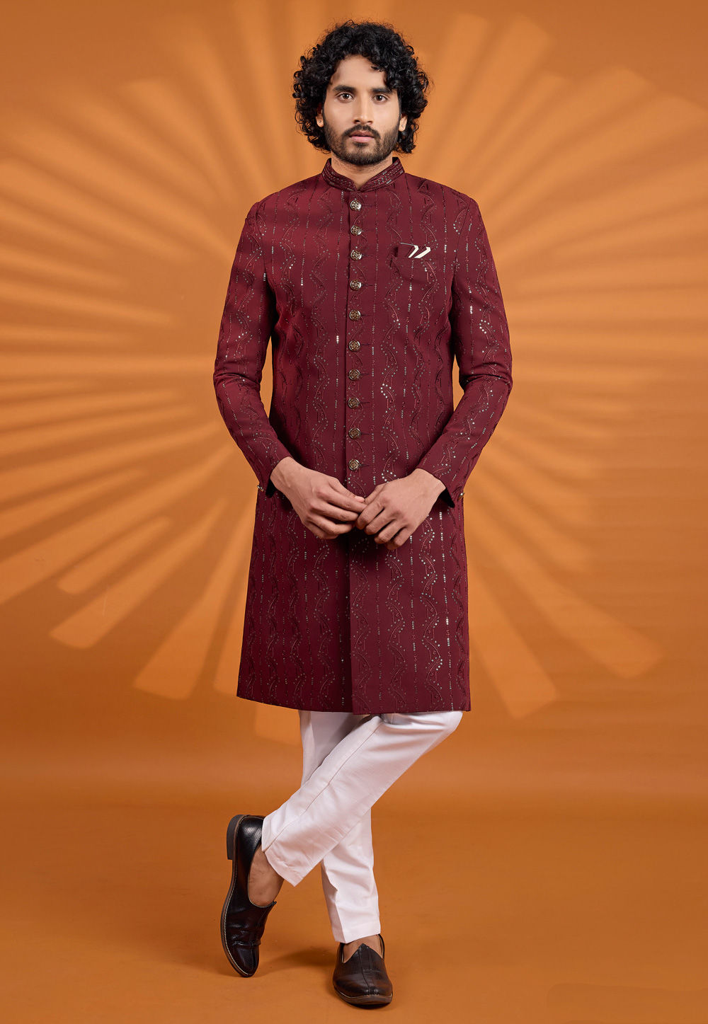 Maroon Georgette Achkan Style Sherwani 330259