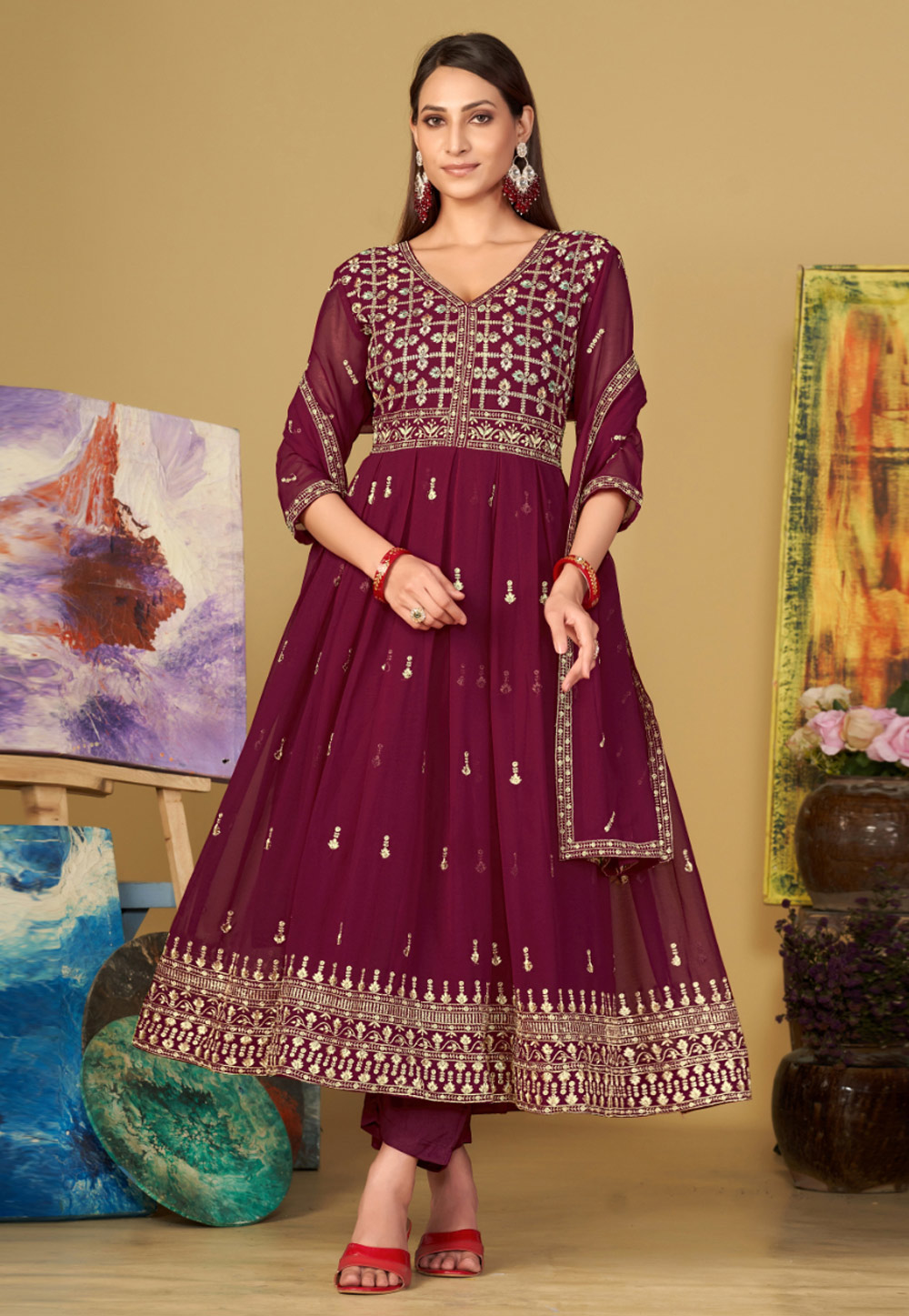 Maroon Georgette Anarkali Suit 283498