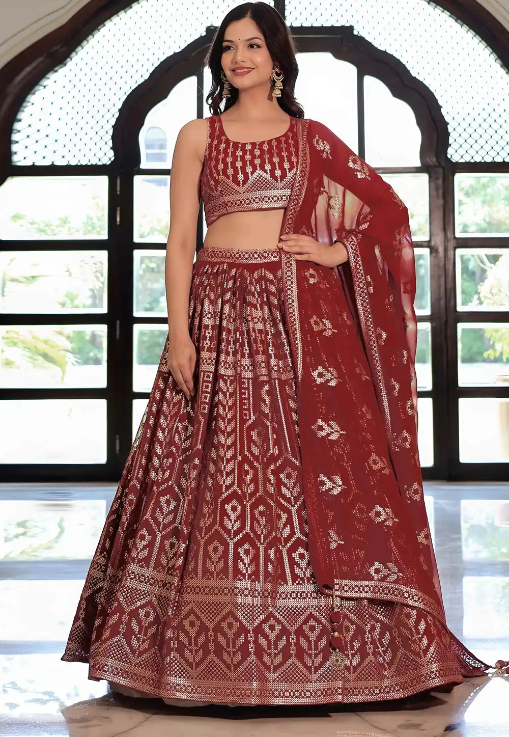 Maroon Georgette Circular Lehenga Choli 316016