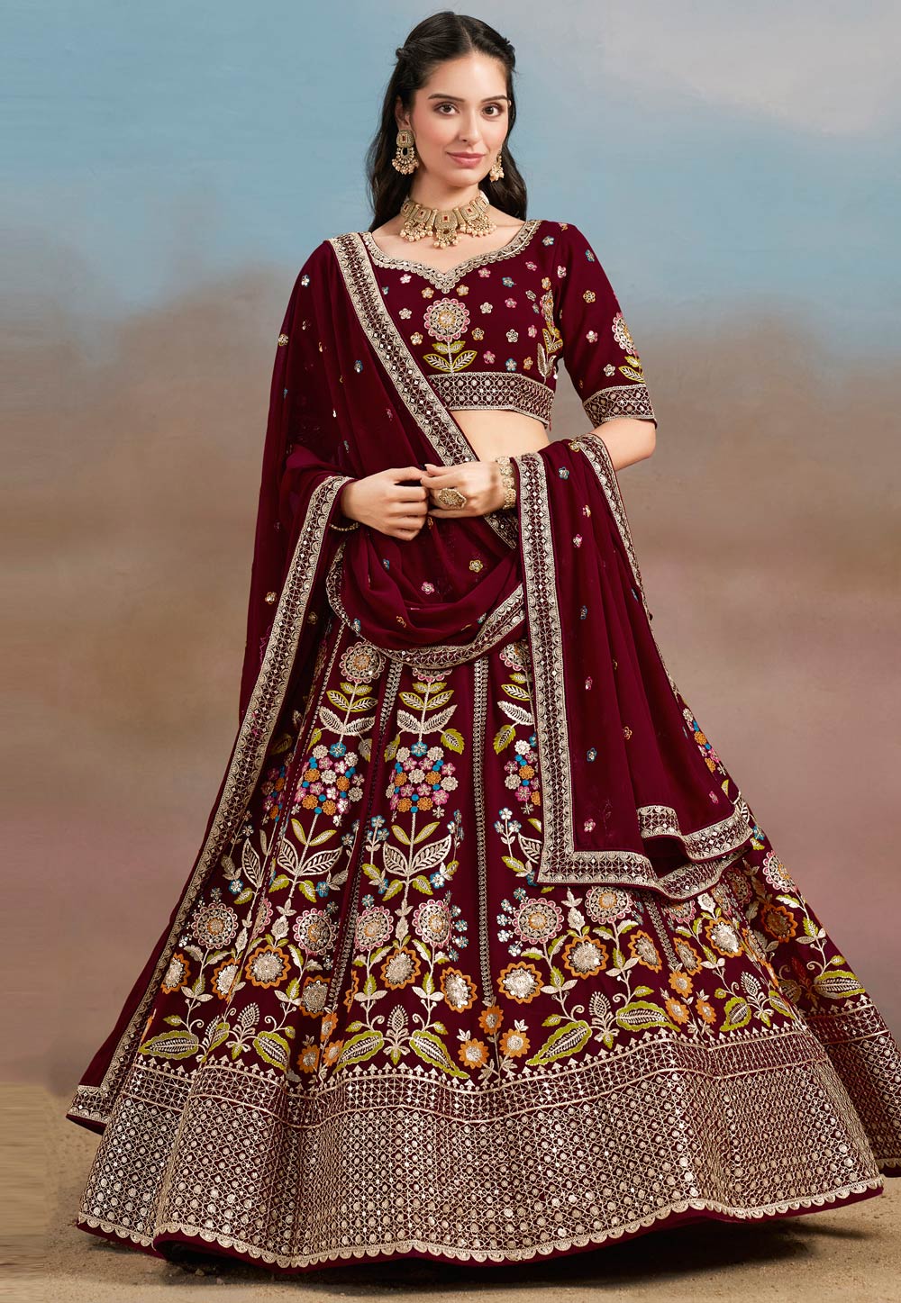 Maroon Georgette Circular Lehenga Choli 312355