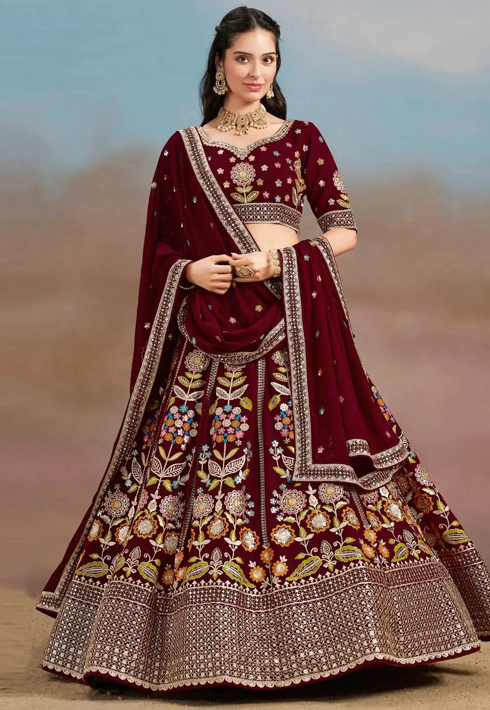 Maroon Georgette Circular Lehenga Choli 312355