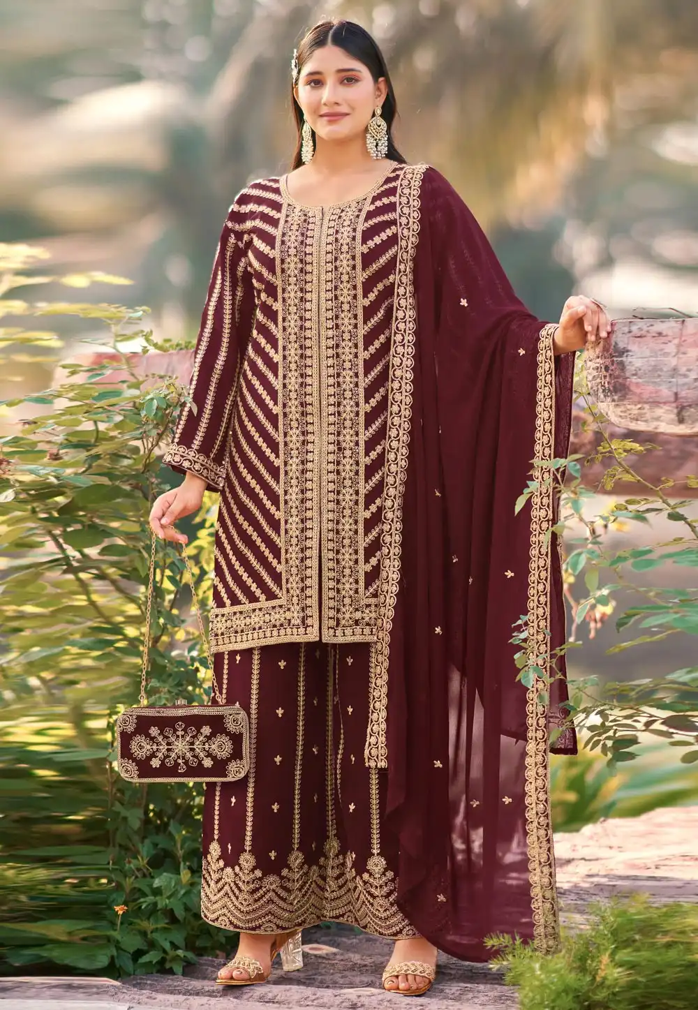 Maroon Georgette Embroidered Palazzo Suit 330722