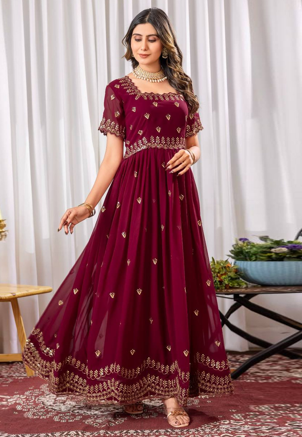 Maroon Georgette Gown 308334