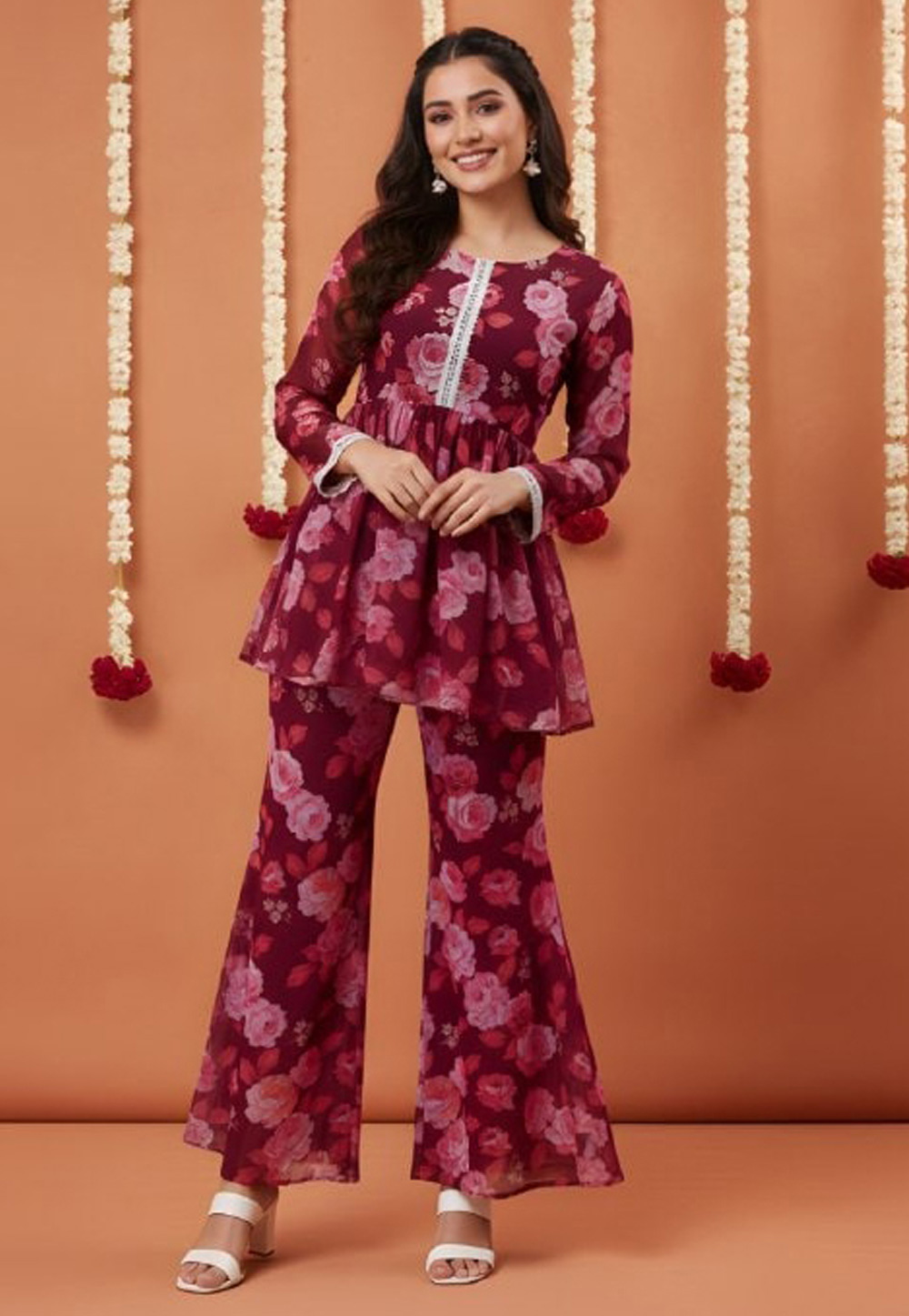Maroon Georgette Kurta Set With Sharara 321949