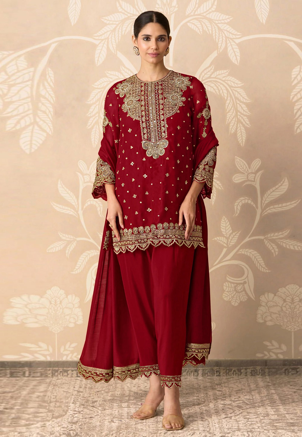 Maroon Georgette Pant Style Suit 328004