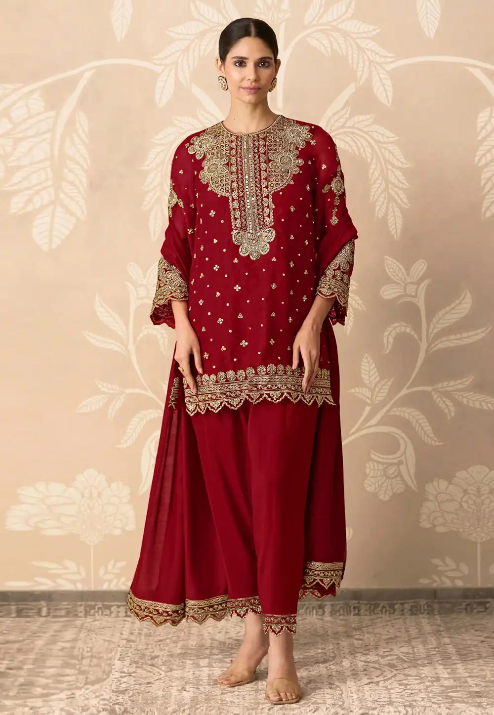Maroon Georgette Pant Style Suit 328004