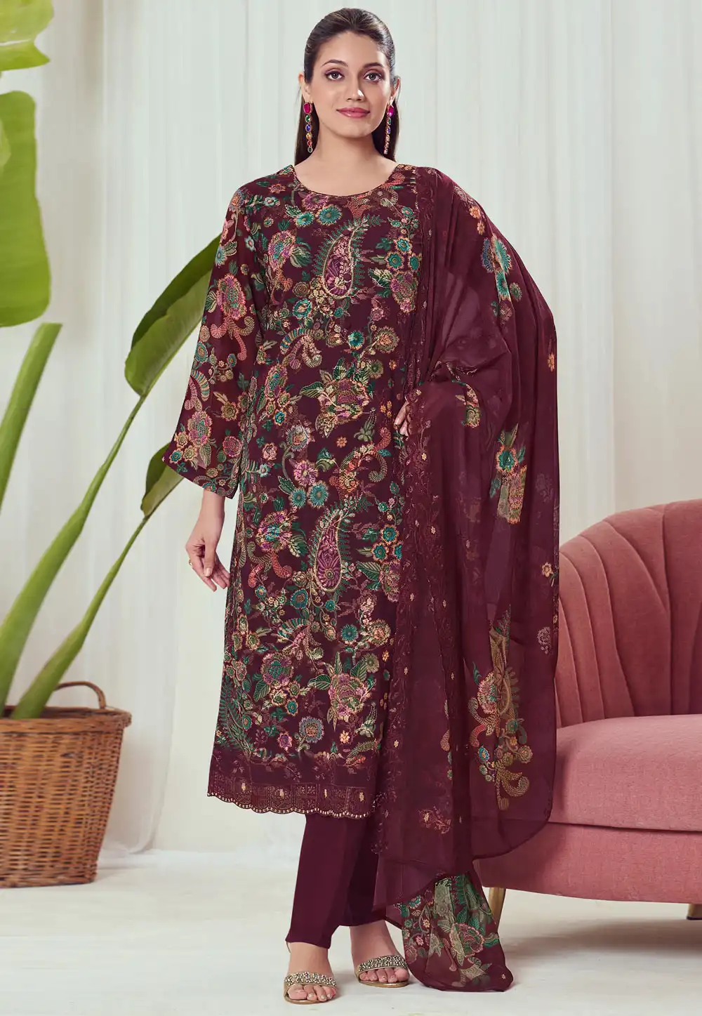 Maroon Georgette Pant Style Suit 314008