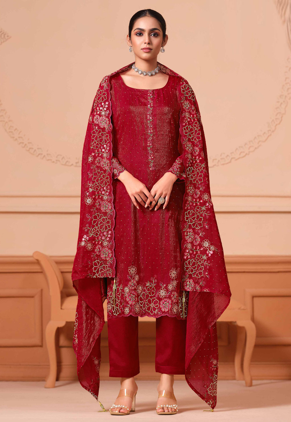 Maroon Georgette Pant Style Suit 308926