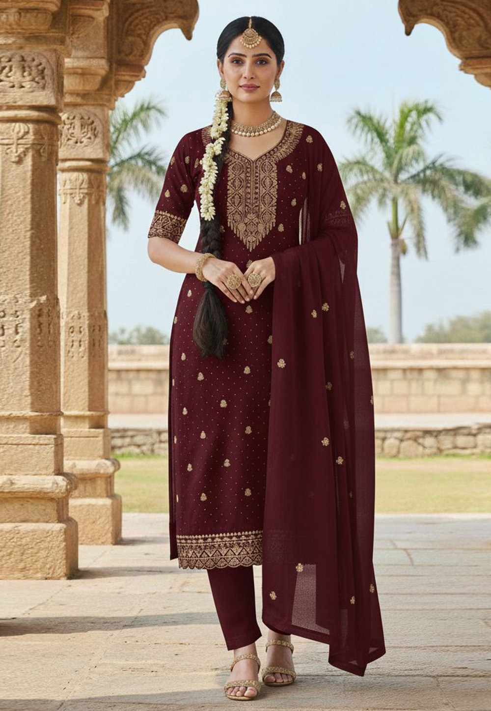 Maroon Georgette Pant Style Suit 322753