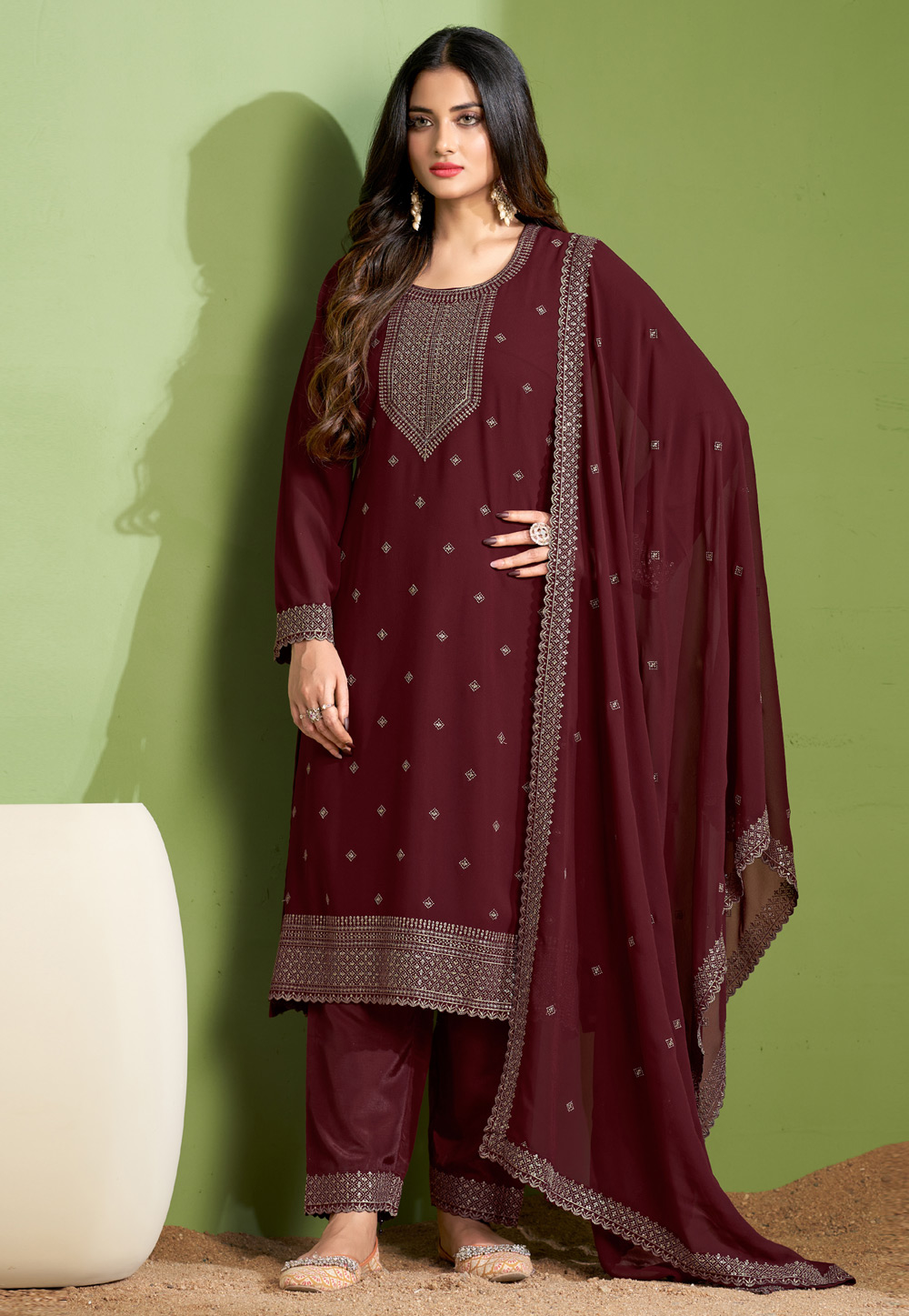 Maroon Georgette Pant Style Suit 284667