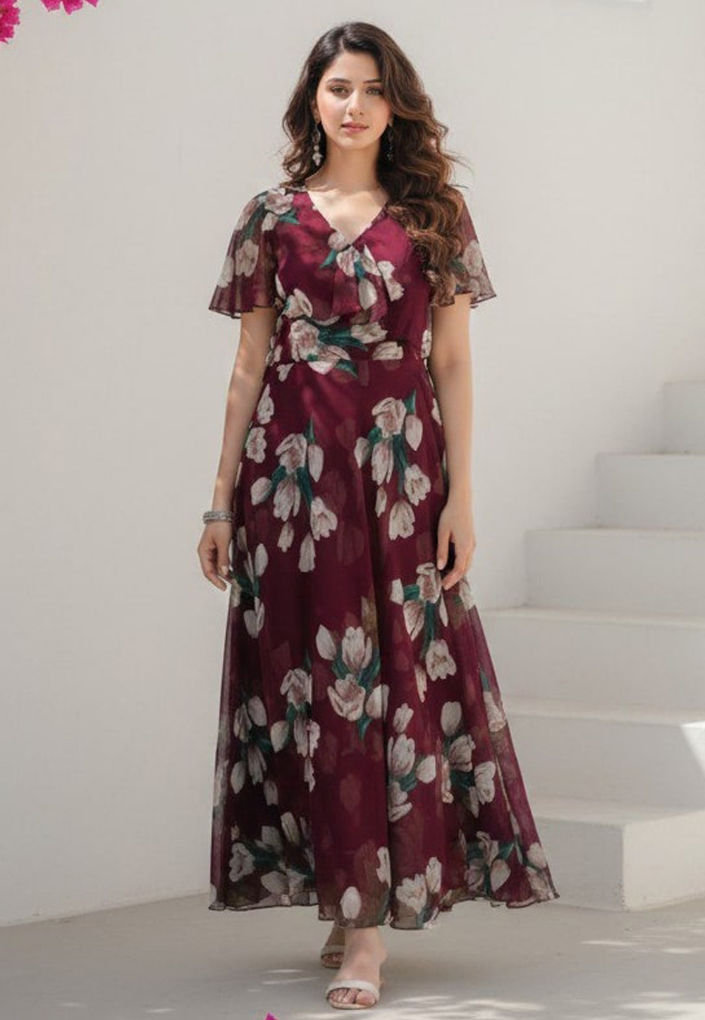 Maroon Georgette Printed Gown 320775