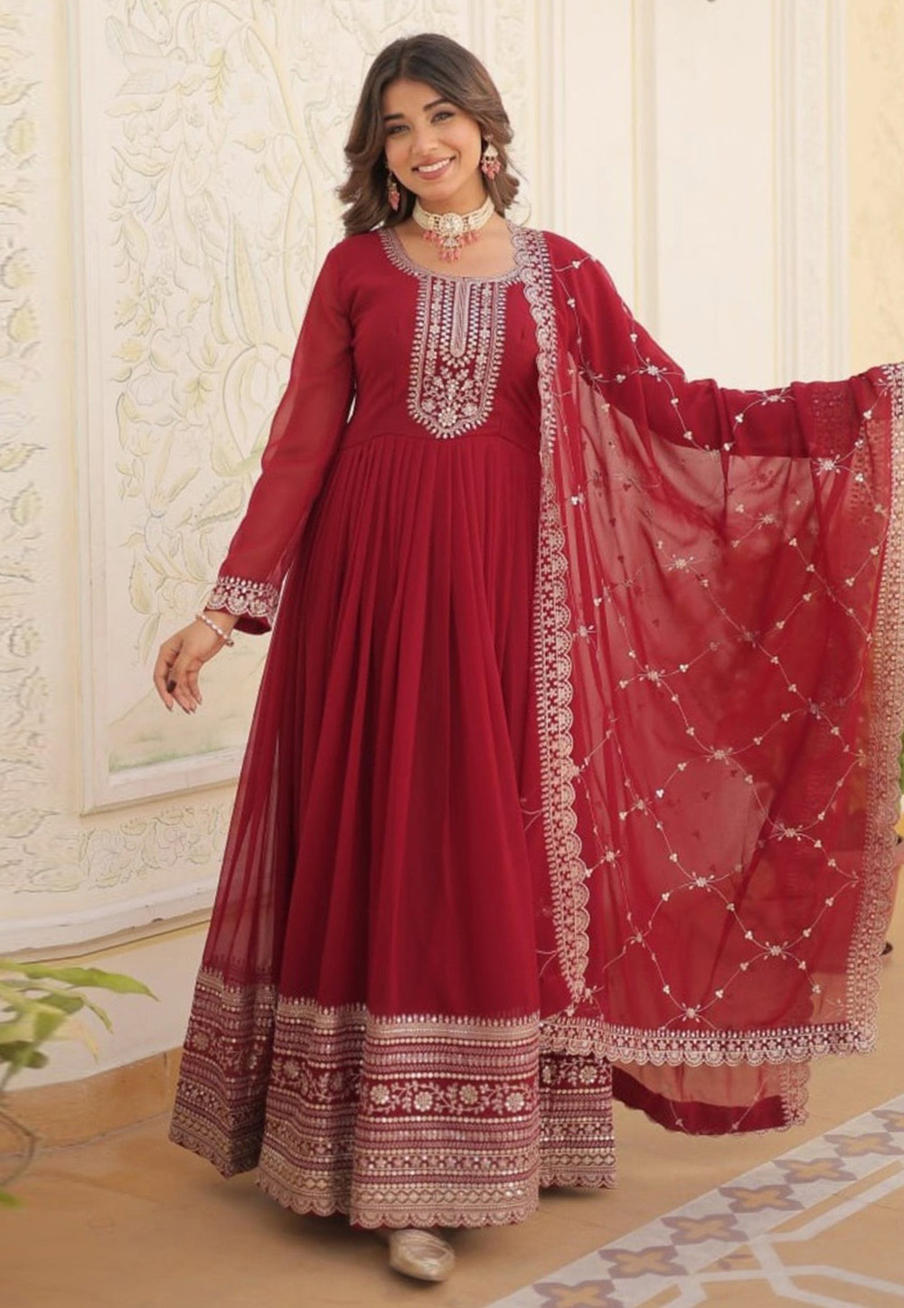 Maroon Georgette Readymade Anarkali Suit 312473