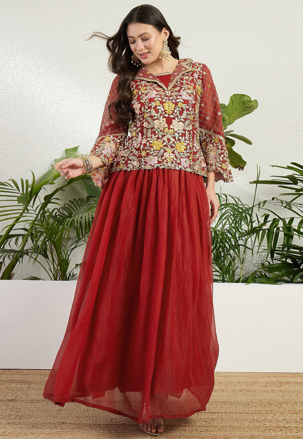 Maroon Georgette Readymade Indo Western Lehenga Choli 327425