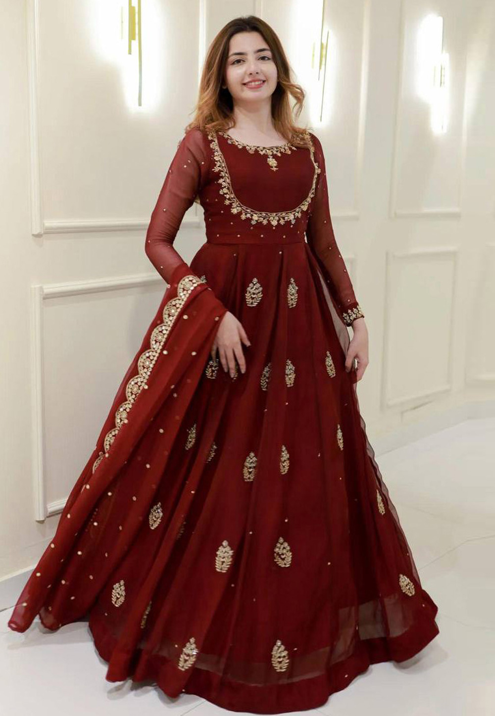 Maroon Georgette Readymade Long Anarkali Suit 318297