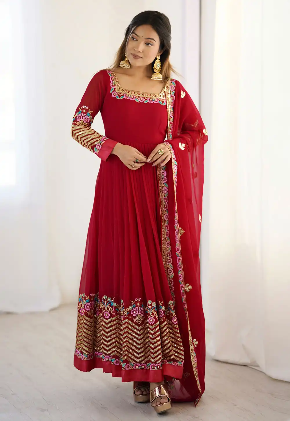 Maroon Georgette Readymade Long Anarkali Suit 319587