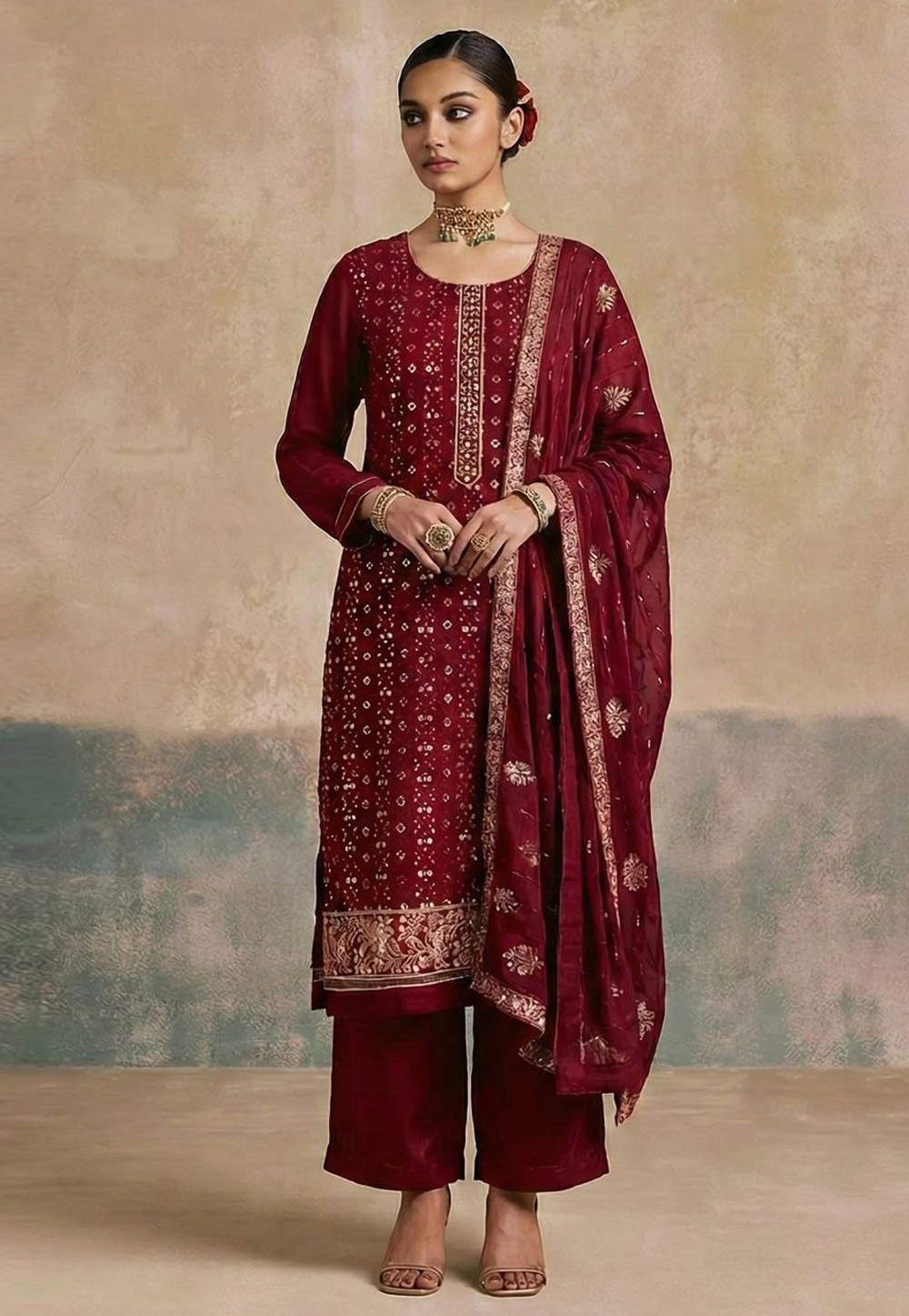 Maroon Georgette Readymade Palazzo Suit 323965