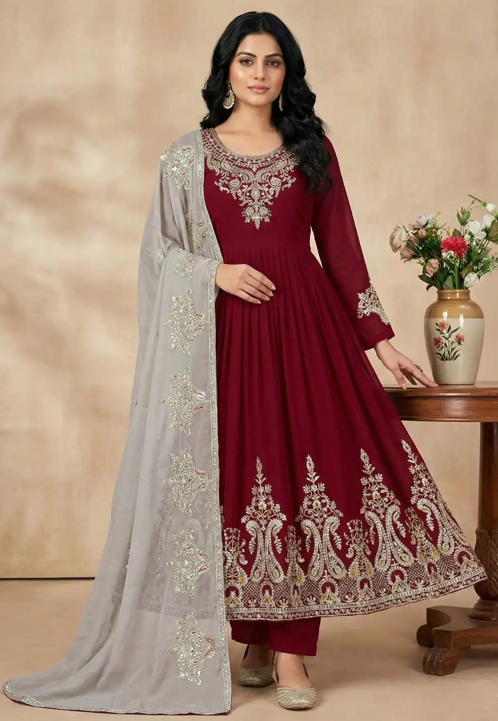 Maroon Georgette Readymade Pant Style Suit 324015