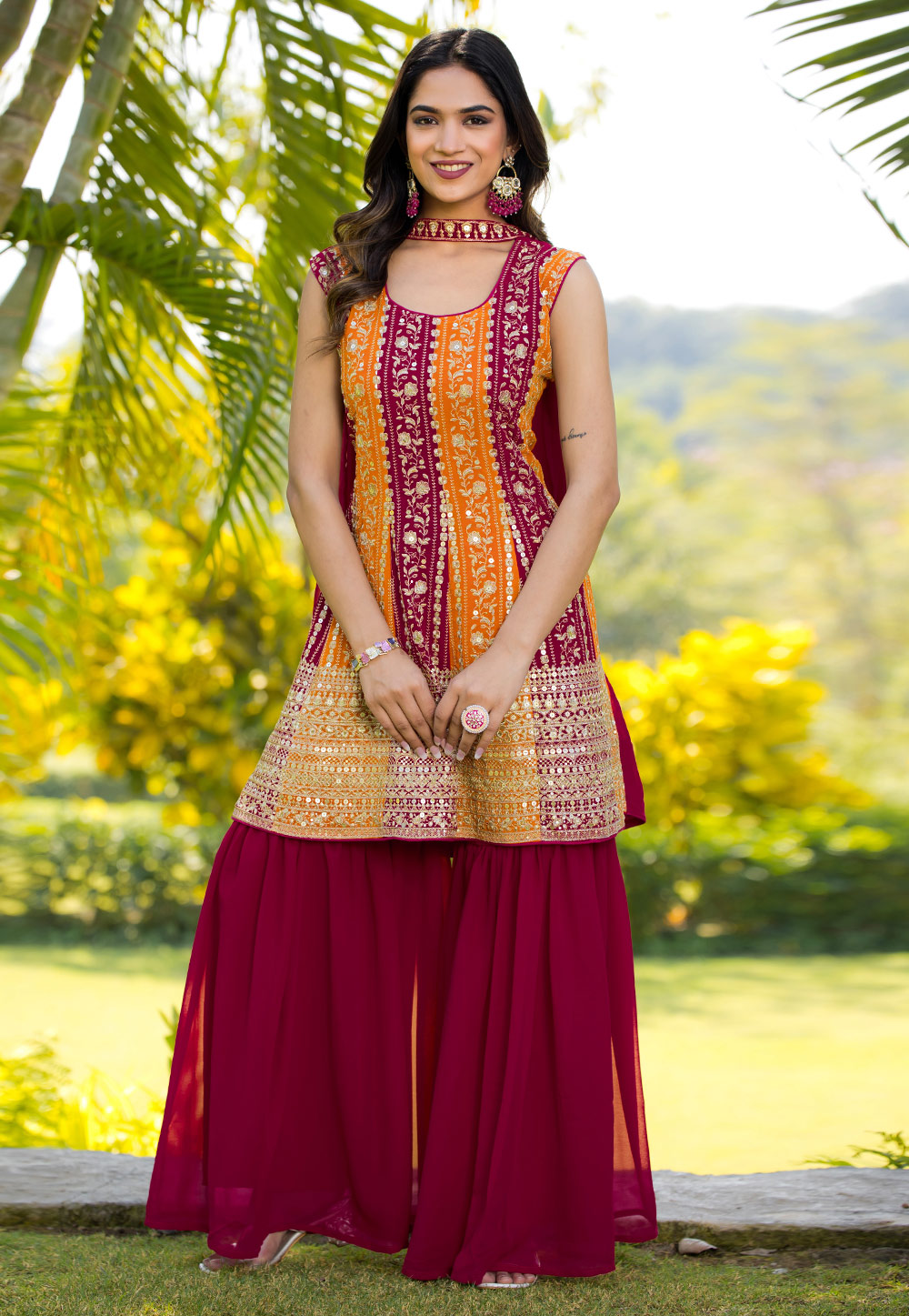 Maroon Georgette Readymade Sharara Suit 305535