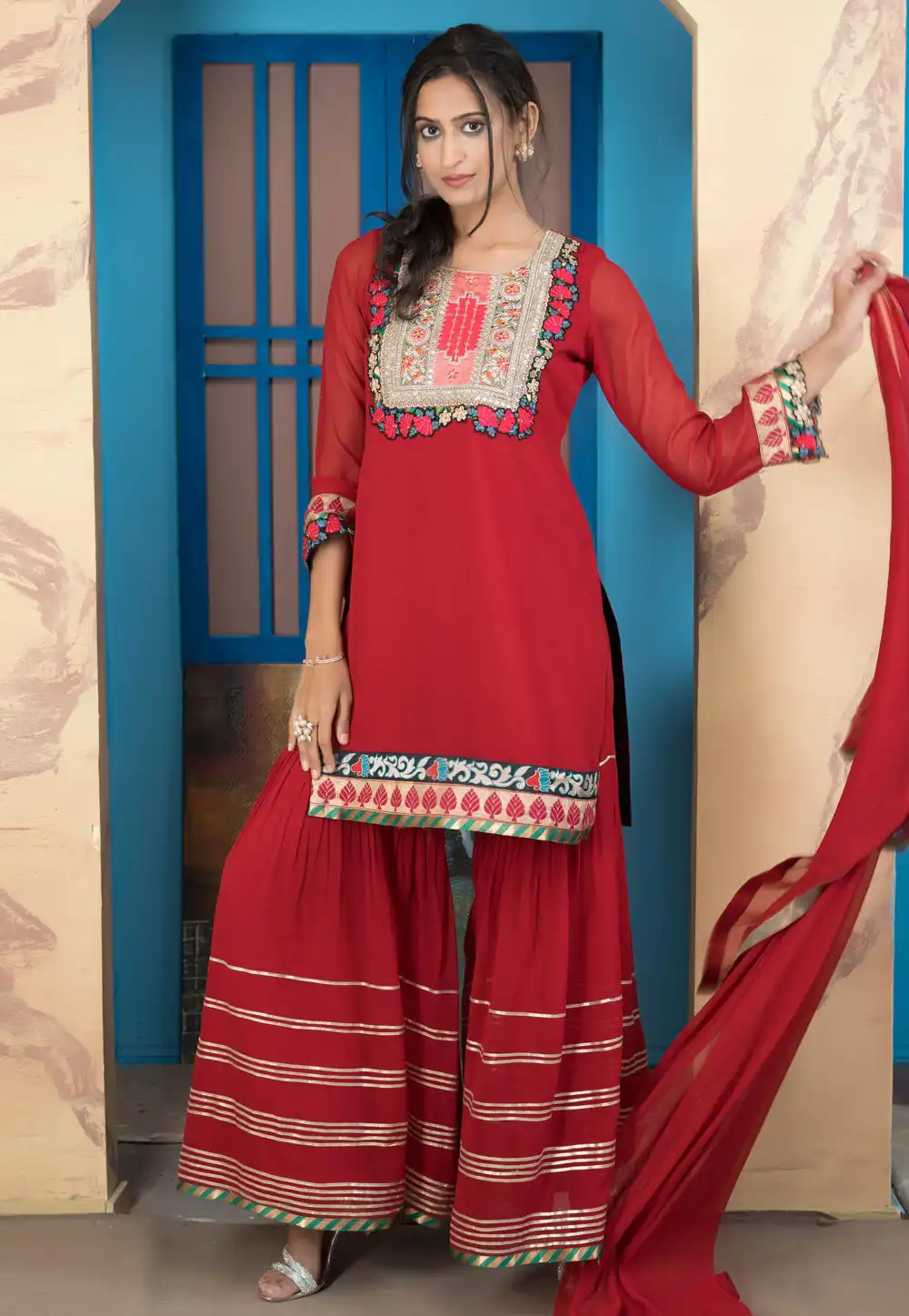 Maroon Georgette Readymade Sharara Suit 316648