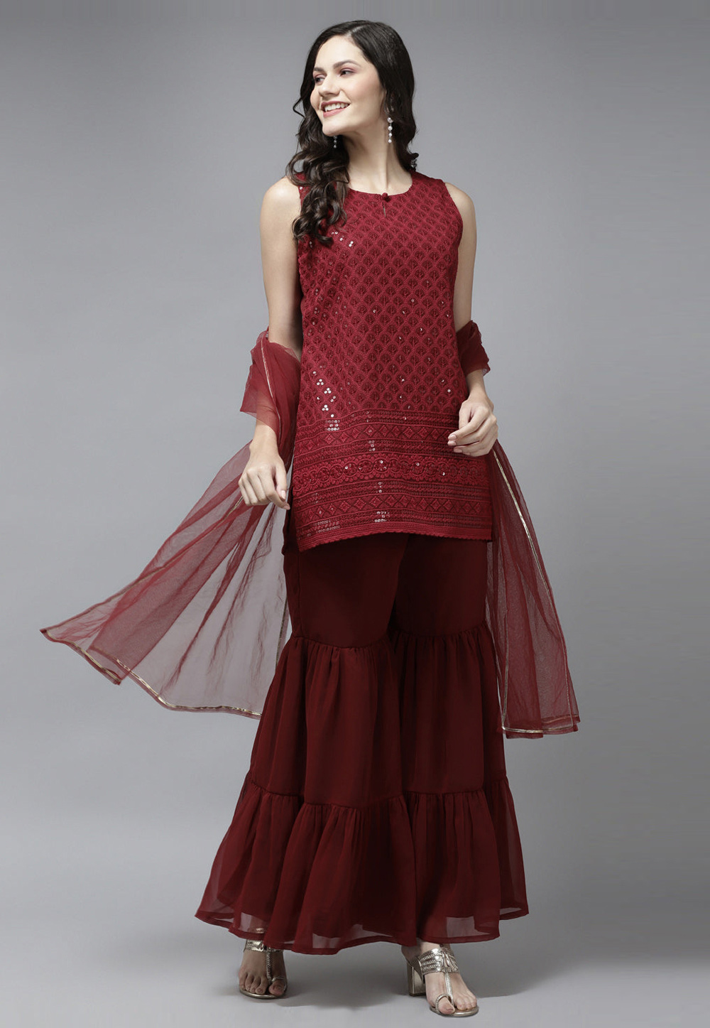Maroon Georgette Readymade Sharara Suit 281408